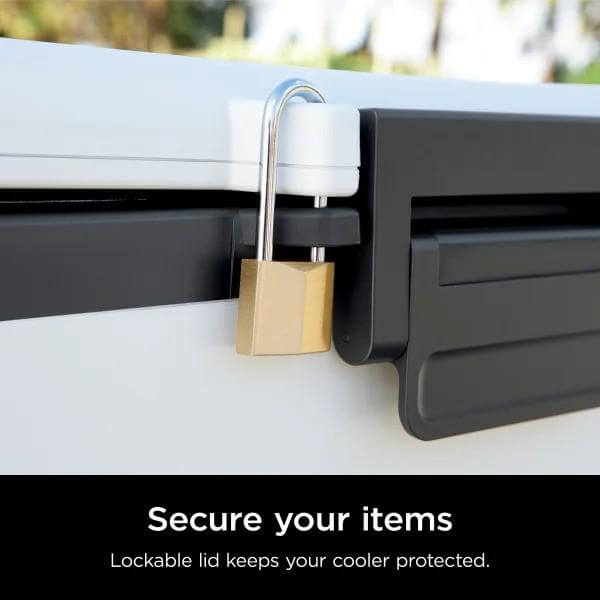 Lockable lid of a cooler with a padlock, text 'Secure your items' and 'Lockable lid keeps your cooler protected'.