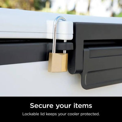 Lockable lid of a cooler with a padlock, text 'Secure your items' and 'Lockable lid keeps your cooler protected'.