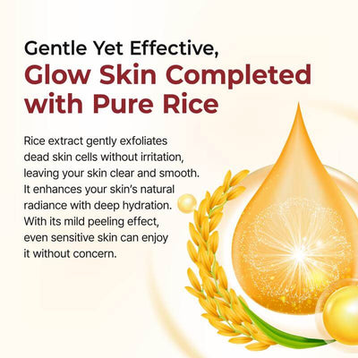 Promotional image of rice extract with text about its benefits for skin.