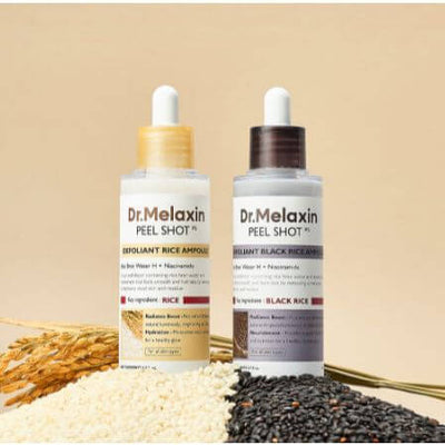 Two bottles of Dr. Melaxin Peel Shot with rice and black rice on a beige background