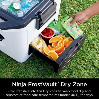 Ninja FrostVault cooler with food items on grass, highlighting the dry zone feature.