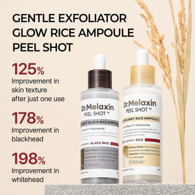 Dr. Melaxin Peel Shot and Glow Rice Ampoule with text on skin improvement on a beige background