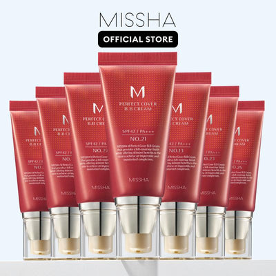 Multiple tubes of Missha Perfect Cover BB Cream on a white background