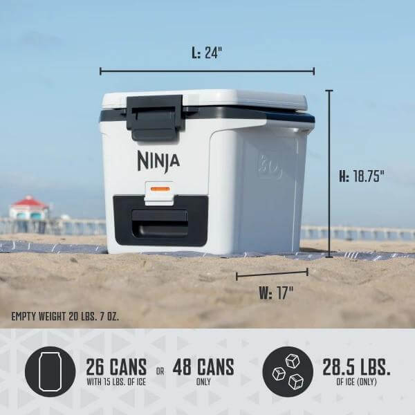 Ninja cooler with dimensions and weight information on a beach background