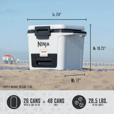 Ninja cooler with dimensions and weight information on a beach background