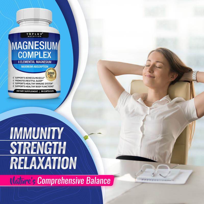 Supplement bottle labeled 'Magnesium Complex' with a woman relaxing in the background, text about immunity, strength, and relaxation.